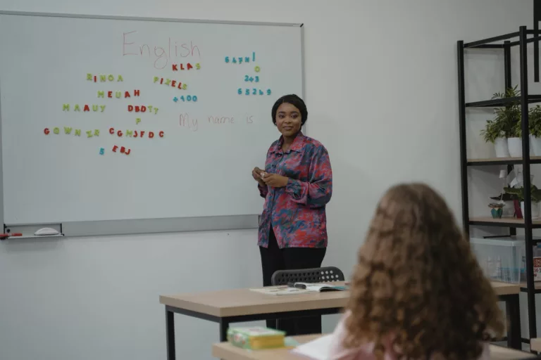 woman teaching english in class
