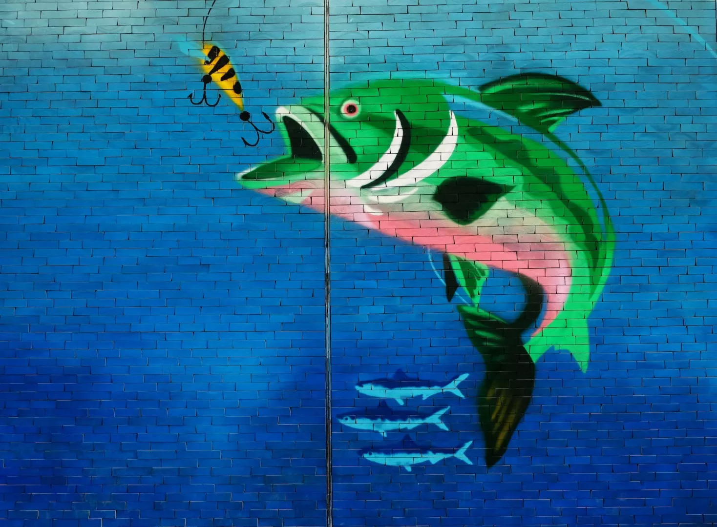 green fish about to eat the fish hook wall art