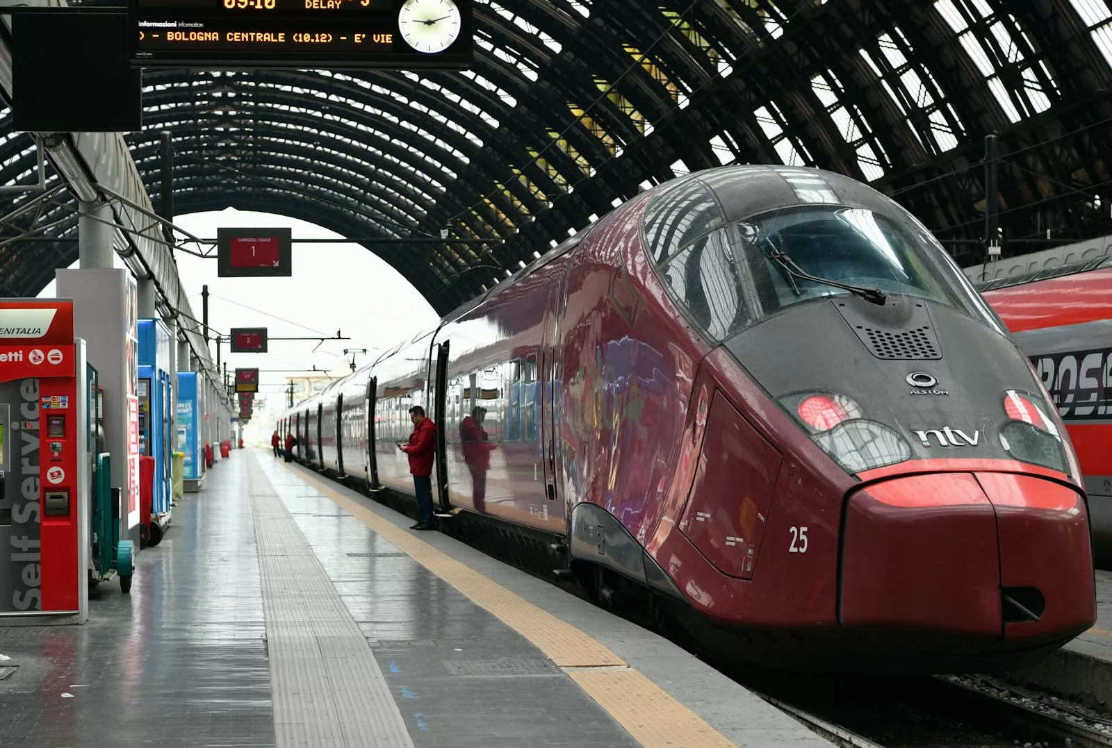 Modern high-speed train at Milano Centrale Railway Station in Italy.