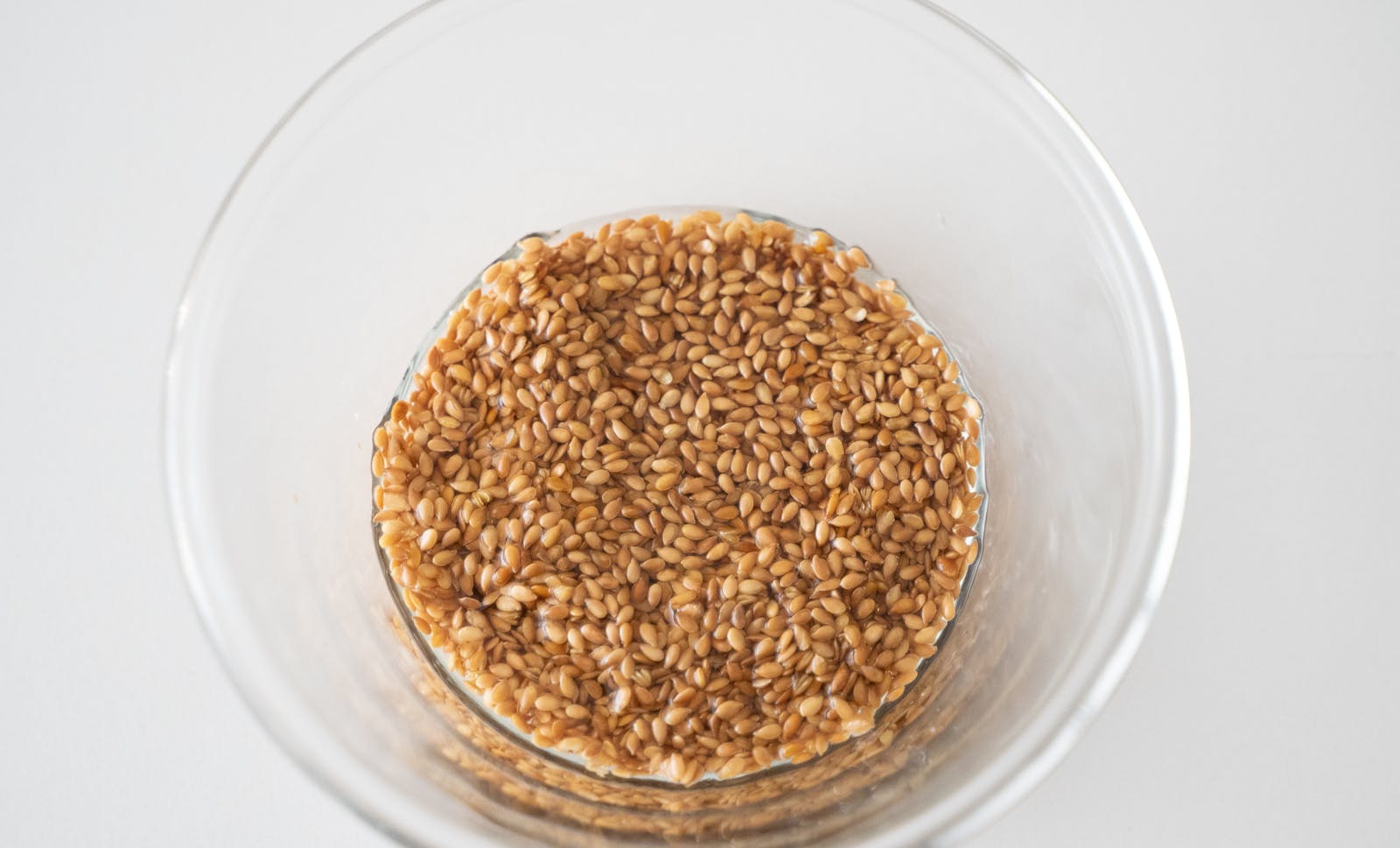 Close-up of wheat berries soaked in a glass bowl, viewed from above.