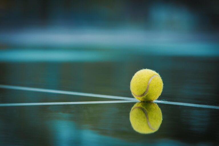 A tennis ball sits on a wet court with its reflection visible, capturing a serene sports moment.