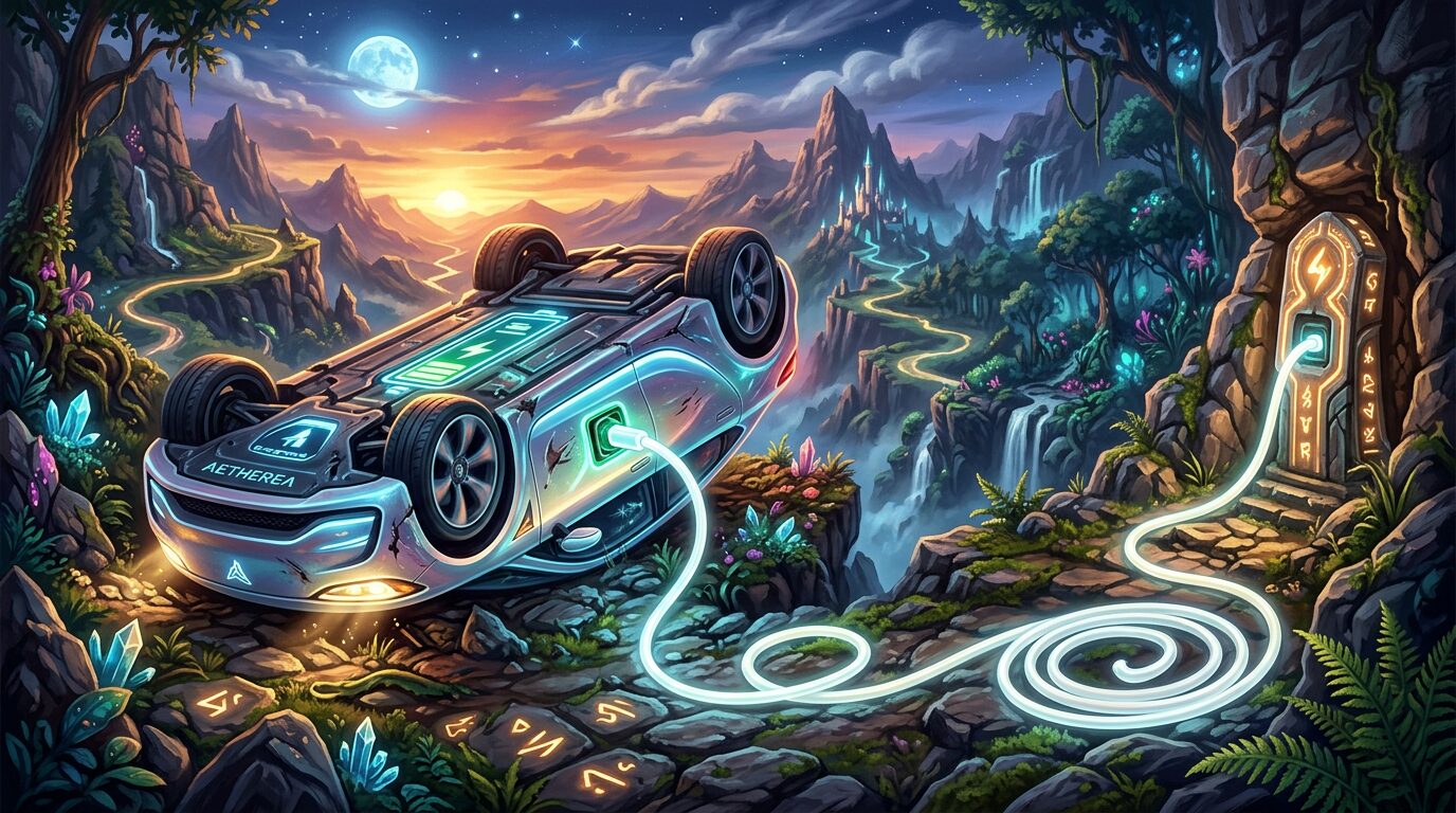Electric car charging from glowing magical rune panel in fantasy mountainous landscape