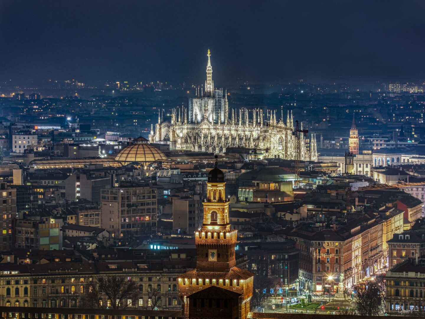 Aerial night view of Milan